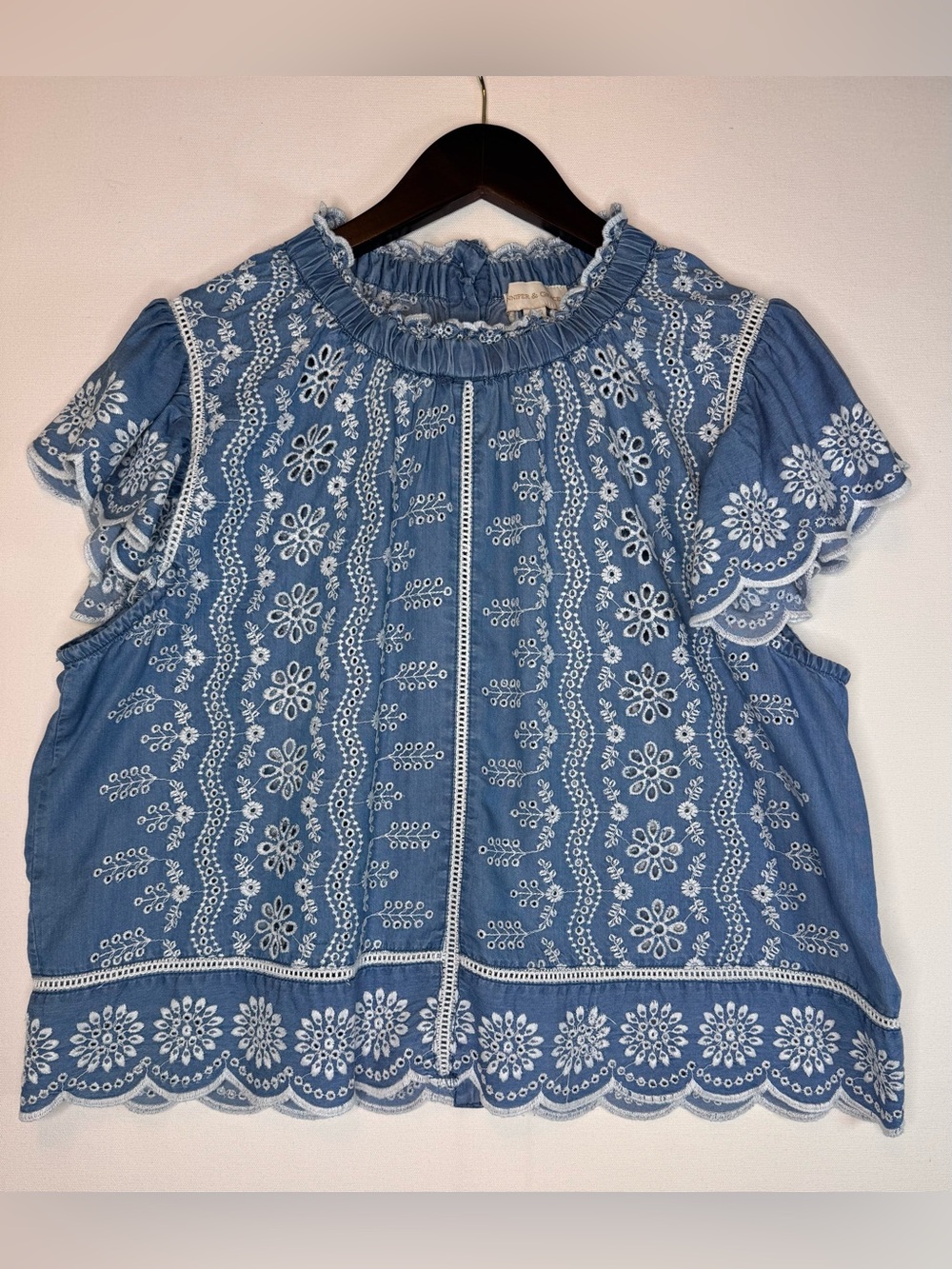 Jennifer & Grace Blue & White Daisy Print Eyelet Cottagecore Boho Blouse Sz XL